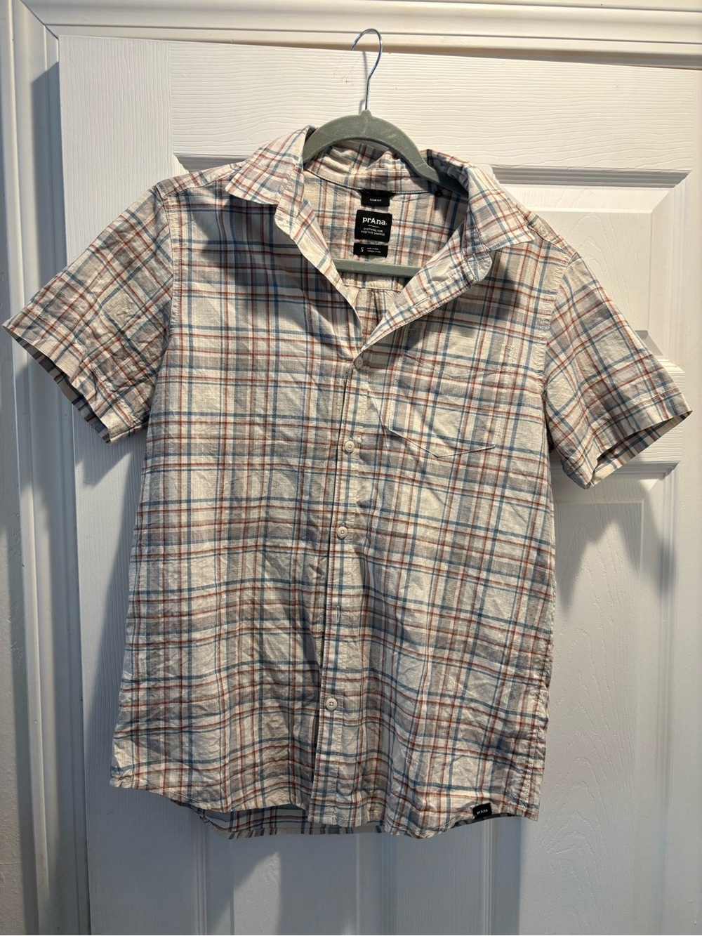 Prana Short Sleeve Plaid Button-Up Shirt in Cream, Brown & Blue